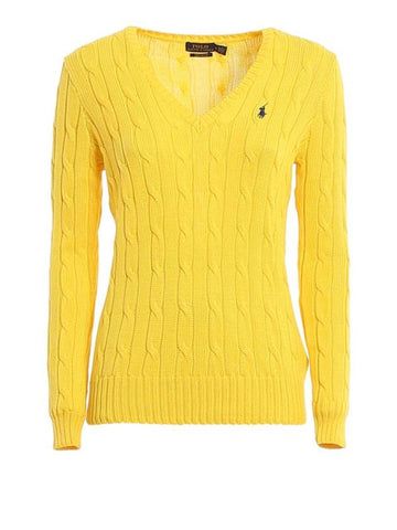 V Neck Embroidered Pony Cable Sweater Yellow - POLO RALPH LAUREN - BALAAN 1