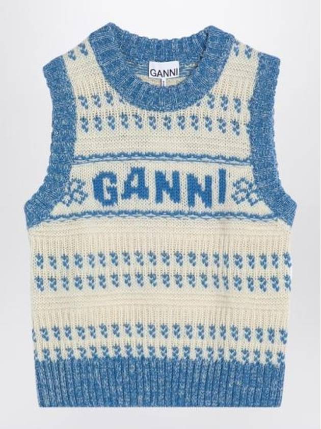 Graphic O-Neck Wool Gilet Vest Blue - GANNI - BALAAN 1