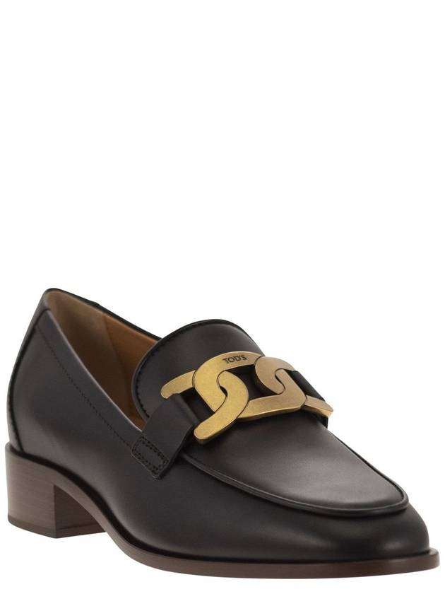 Women's Gold Logo Chain Leather Loafers Black - TOD'S - BALAAN 3