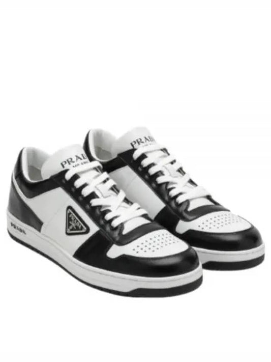 Men's Downtown Triangle Logo Leather Low Top Sneakers White Black - PRADA - BALAAN 2