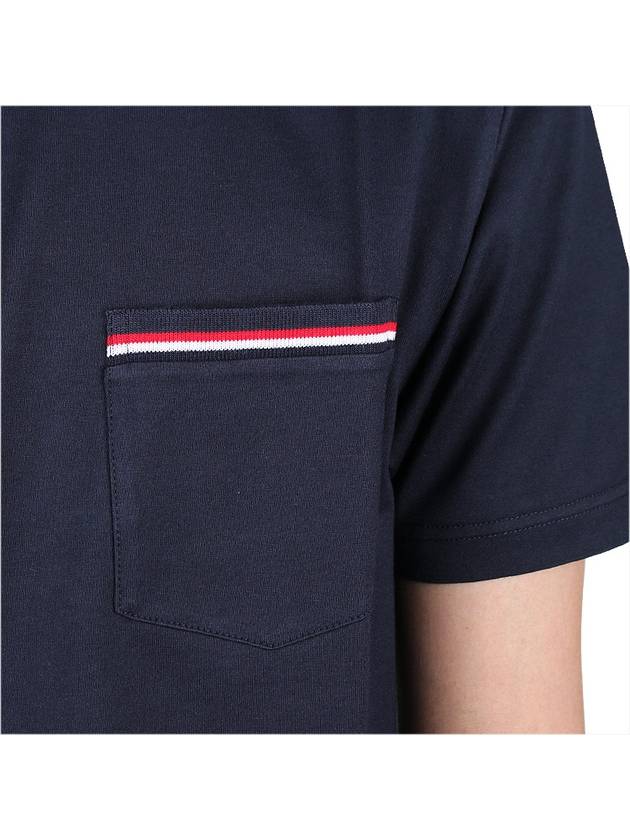 Men's Medium Weight Jersey Tipped Pocket Crewneck Short Short Sleeve T-Shirt Navy - THOM BROWNE - BALAAN 7