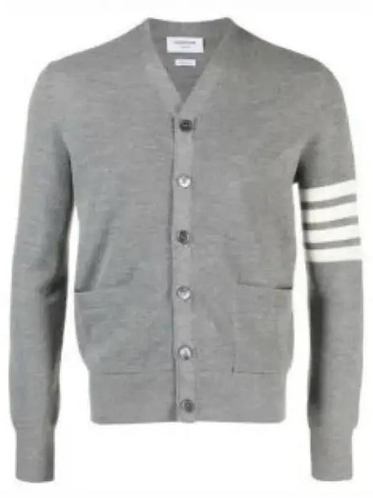 4-Bar Striped Waffle High V-Neck Cardigan Light Grey - THOM BROWNE - BALAAN 2