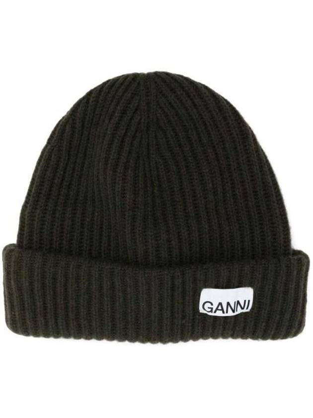 Logo Patch Knit Beanie Green - GANNI - BALAAN 2