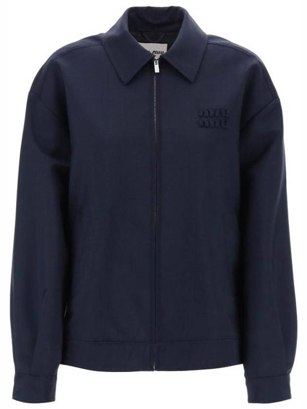 Mohair Embroidered Logo Wool Zip-up Jacket Navy - MIU MIU - BALAAN 2