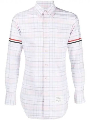 Men's Plaid Three Stripes Armband Oxford Long Sleeve Shirt Light Pink - THOM BROWNE - BALAAN 1