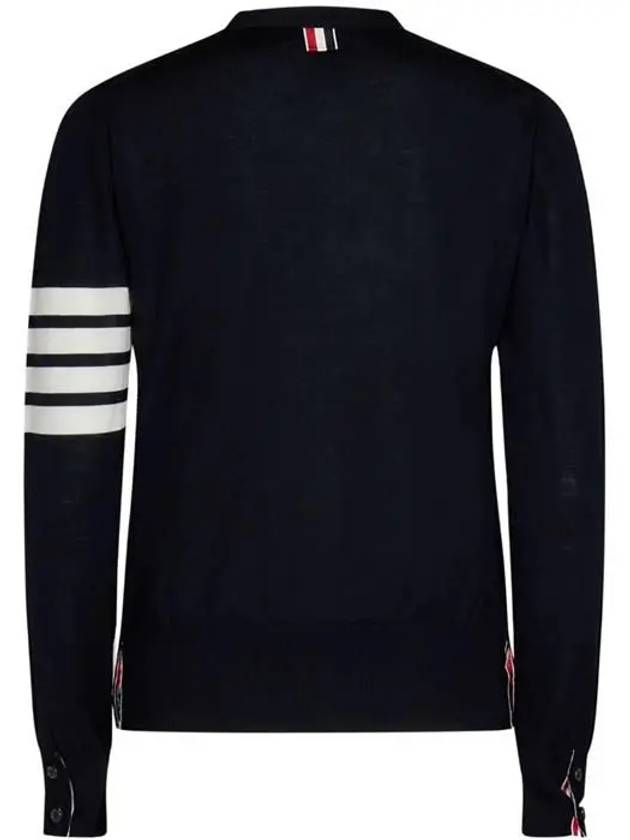 Sustainable Fine Merino Wool 4-Bar Relaxed Fit V-Neck Cardigan Navy - THOM BROWNE - BALAAN 3