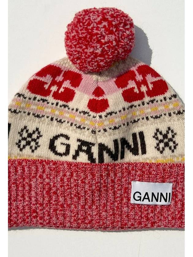 Logo Graphic Intarsia Knit Beanie Red - GANNI - BALAAN 3