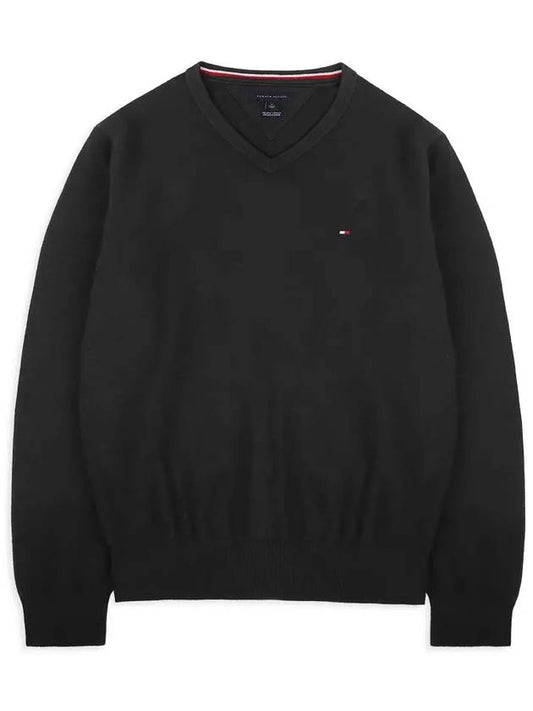 Signature Solid V-Neck Sweatshirt Black - TOMMY HILFIGER - BALAAN 2