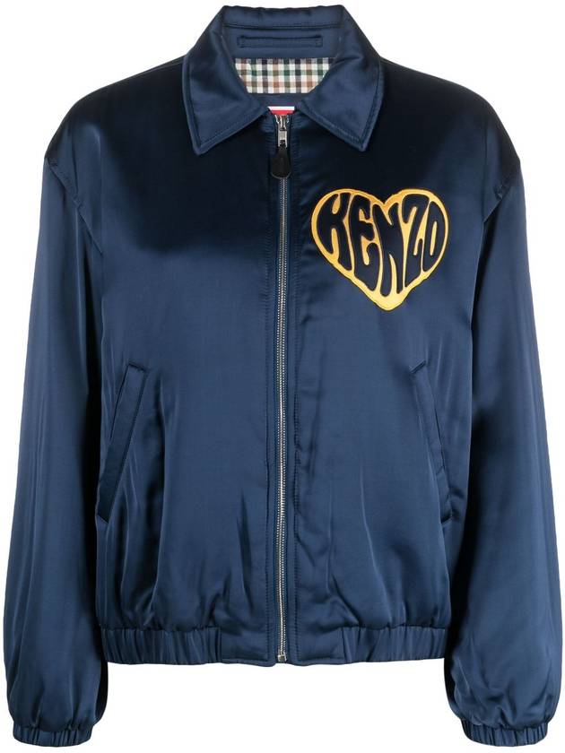 Heart Casual Viscose Zip-up Jacket Navy - KENZO - BALAAN 2