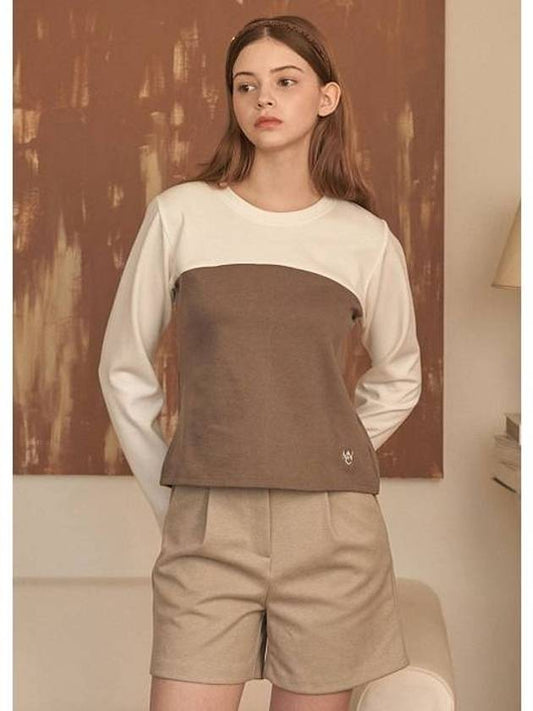 Women Witty Two-tone Back Slit Round Long Sleeve T-Shirt Brown - MICANE - BALAAN 1