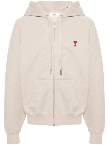 Small Heart Logo Cotton Zip Up Hoodie Light Beige - AMI - BALAAN 1