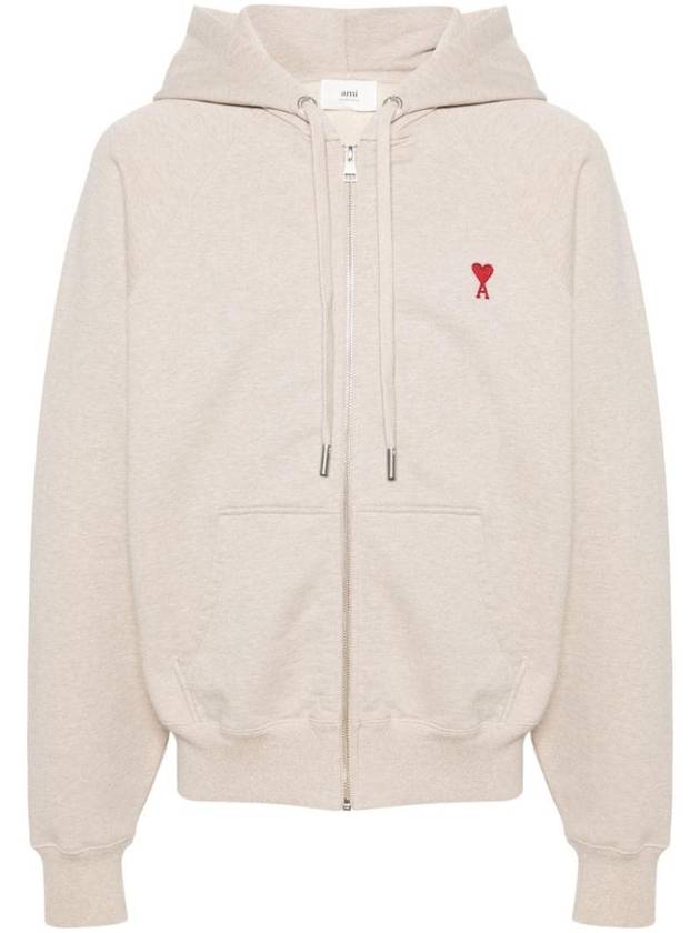 Small Heart Logo Cotton Zip Up Hoodie Light Beige - AMI - BALAAN 1