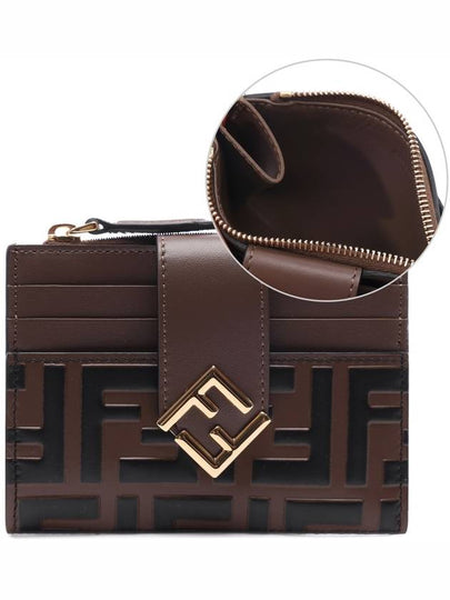 FF Diamond Embossed Logo Zip Card Holder Brown - FENDI - BALAAN 2