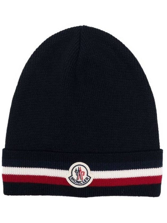 Logo Patch Three Stripes Wool Beanie Navy - MONCLER - BALAAN 1