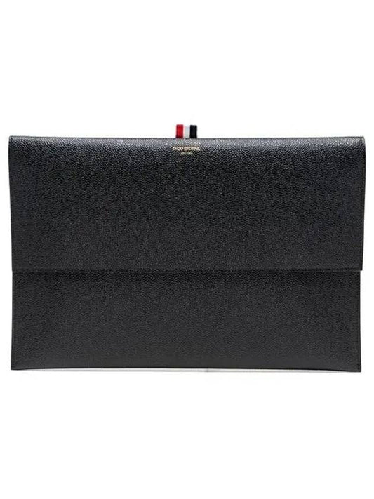 Flap Folio Pebble Leather Clutch Bag Black - THOM BROWNE - BALAAN.