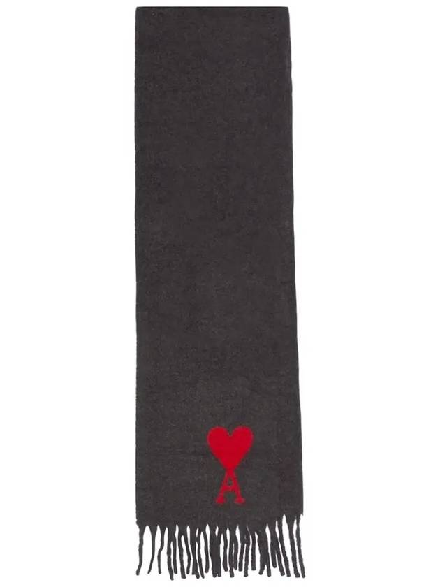 Heart Logo Oversized Wool Fringe Scarf Dark Gray - AMI - BALAAN.