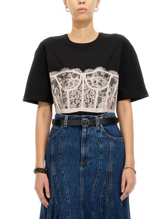 Lace Corset Print Short Sleeves T-Shirt Black - ALEXANDER MCQUEEN - BALAAN 3