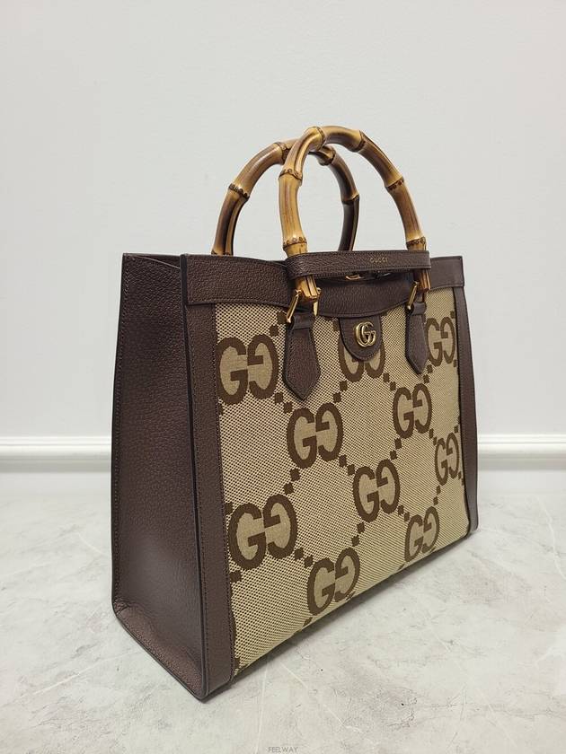 Used luxury goods Lewis It Brown jumbo GG canvas Diana bamboo top handle tote shoulder bag - GUCCI - BALAAN 3