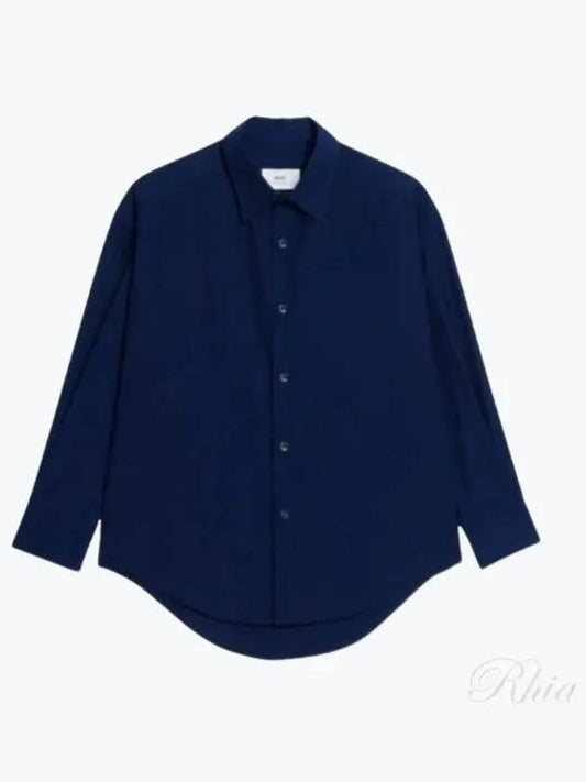 Chest Pocket Boxy Fit Poplin Long Sleeve Shirt Navy - AMI - BALAAN 2