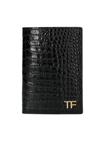 TF Gold Logo Leather Passport Wallet Black - TOM FORD - BALAAN 1