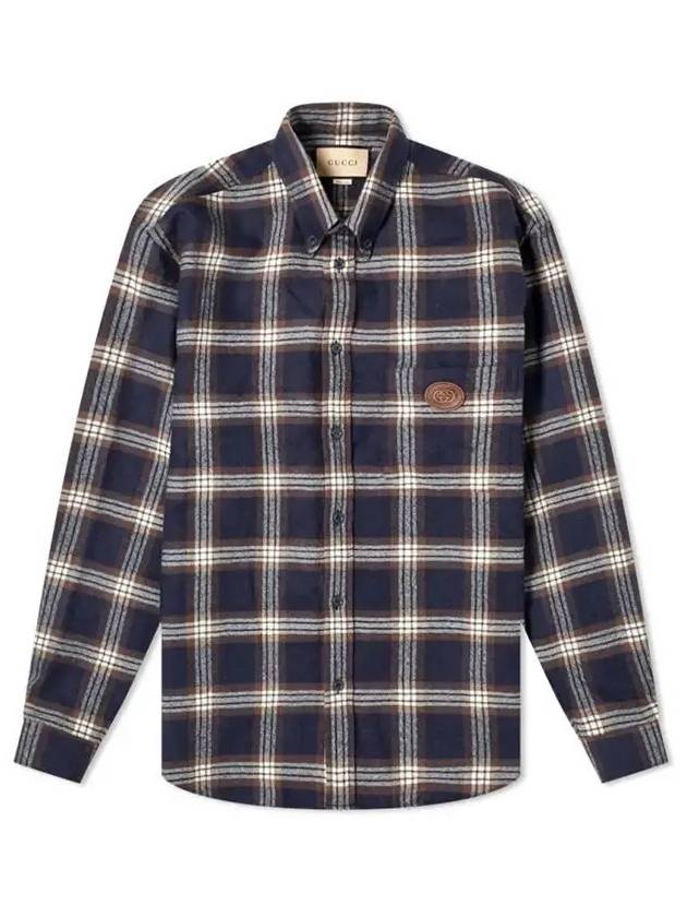 Interlocking Check Wool Long Sleeve Shirt Navy - GUCCI - BALAAN 2