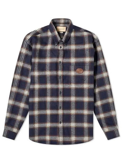 Interlocking Logo Patch Check Wool Long Sleeve Shirt Navy - GUCCI - BALAAN 2