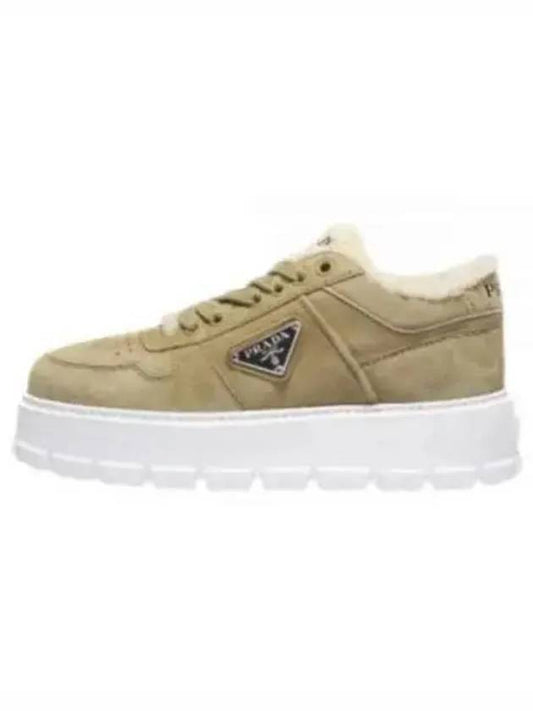 Triangle Logo Shearling Suede Low-Top Sneakers Ecru - PRADA - BALAAN 2