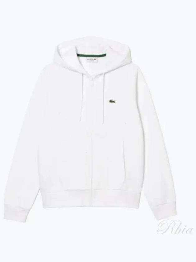 Embroidery Logo Kangaroo Pocket Fleece Zip Up Hoodie White - LACOSTE - BALAAN 2