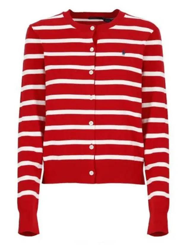 Embroidery Logo Striped Crew Neck Cardigan Red - POLO RALPH LAUREN - BALAAN 2