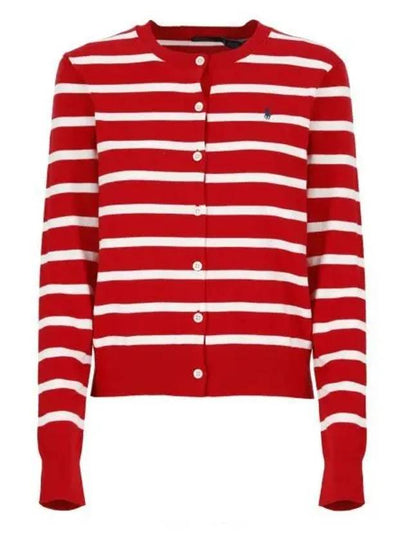 Embroidery  Logo Striped Crew Neck Cardigan Red - POLO RALPH LAUREN - BALAAN 2