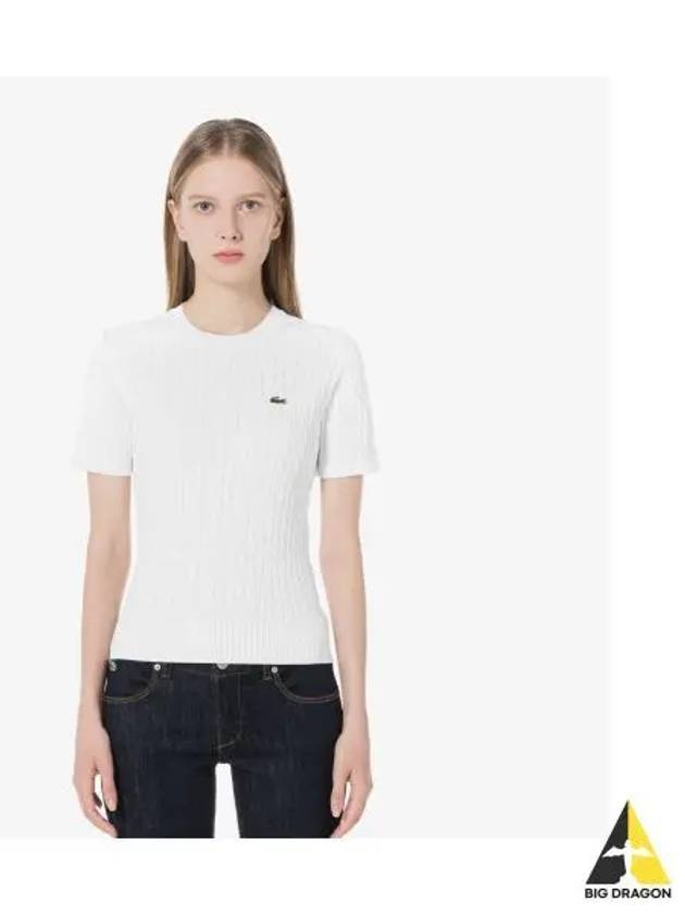 Women s Cable Short Sleeve Crew Neck White - LACOSTE - BALAAN 1