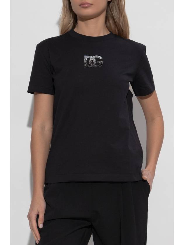 Dolce & Gabbana T-shirt With A Logo Finished With Shimmering Crystals, Women's, Black - DOLCE&GABBANA - BALAAN 3