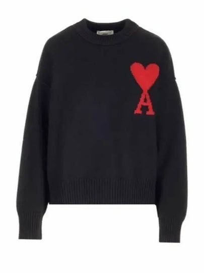 Intarsia Big Heart Logo Wool Knit Top Black - AMI - BALAAN 2