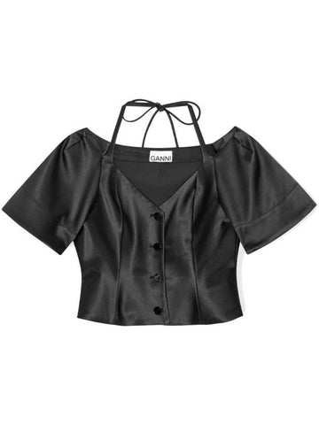 Double Satin Fitted Open Neck Blouse Black - GANNI - BALAAN 1