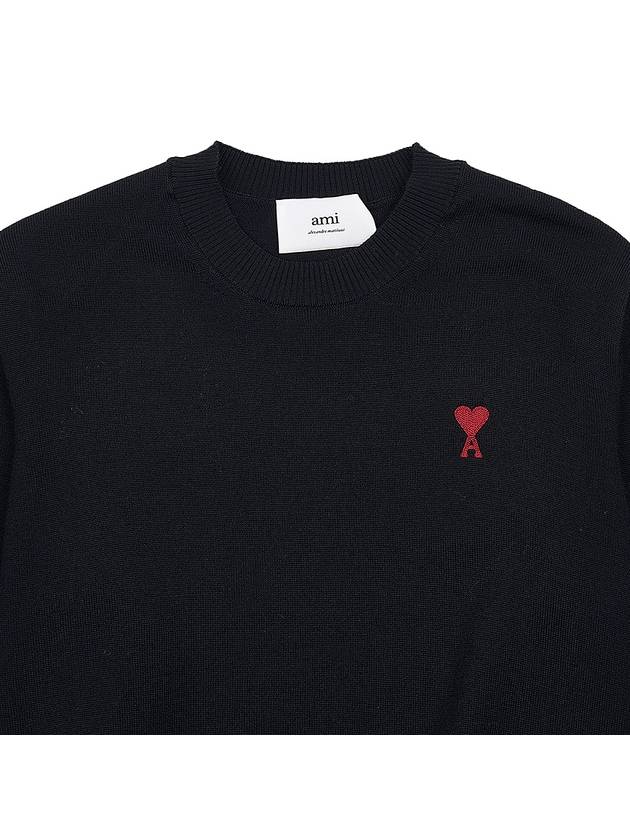 Heart Embroidered Logo Crew Neck Knit Top Black - AMI - BALAAN 4