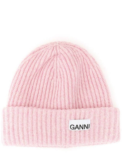 Logo Patch Knit Beanie Pink - GANNI - BALAAN 2