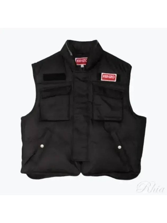 Quilted Hooded Cargo Nylon Vest Black - KENZO - BALAAN 1