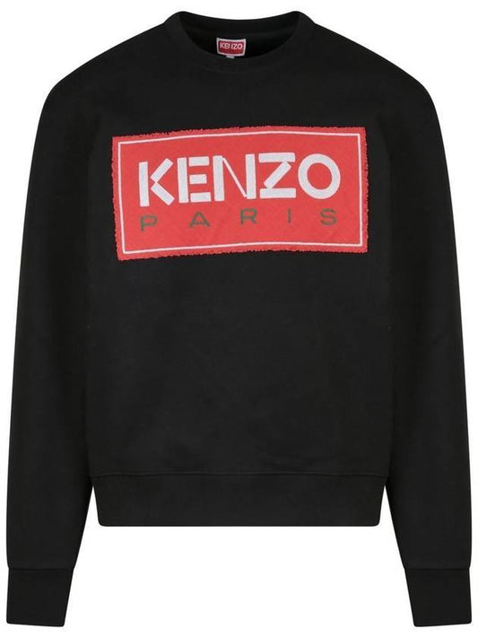 Paris Logo Patch Print Round Neck Sweatshirt Black - KENZO - BALAAN.