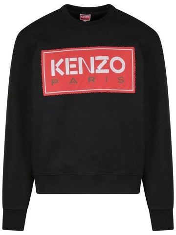 Paris Logo Patch Print Round Neck Cotton Sweatshirt Black - KENZO - BALAAN 1