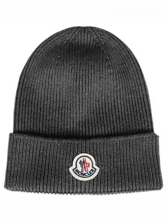 3B70500 A9342 998 Logo Patch Beanie Charcoal Hat TJ 270933 - MONCLER - BALAAN 1