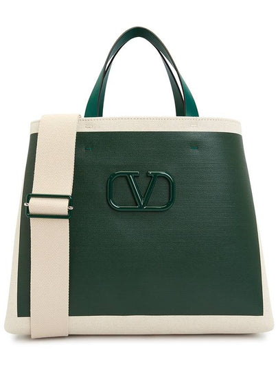 Signature V Logo Canvas Leather Tote Bag Natural Green - VALENTINO - BALAAN 2