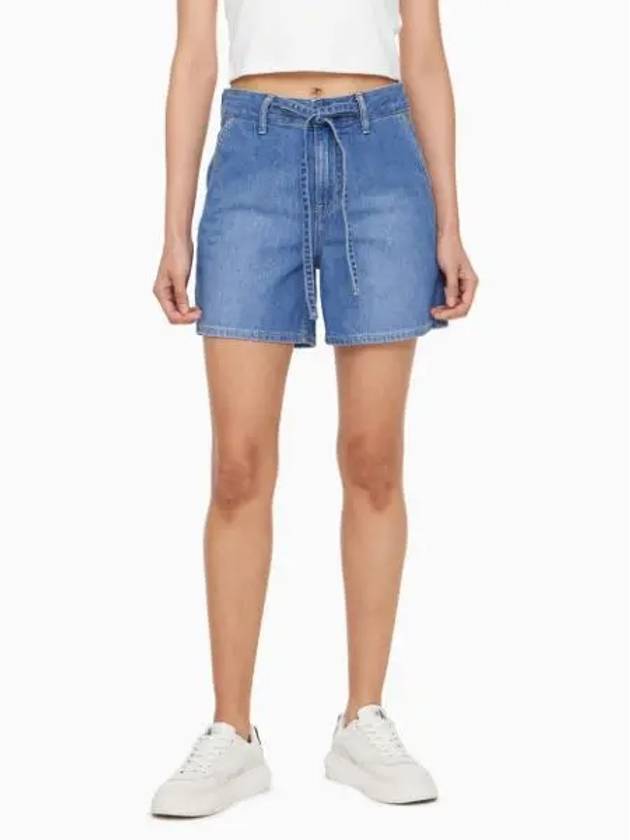 Jeans High Rise Wide Leg Denim Shorts Mid Blue - CALVIN KLEIN - BALAAN 1