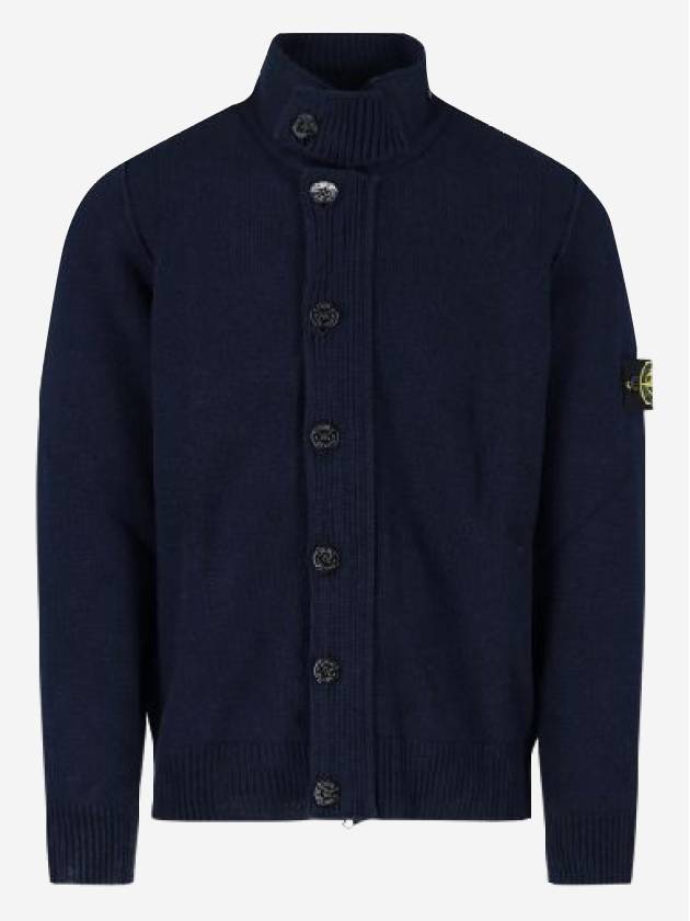 Men's Patch High Neck Lambswool Knit Cardigan Navy - STONE ISLAND - BALAAN 2