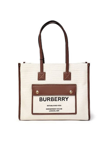 Freya Small Canvas Leather Tote Bag Natural Tan - BURBERRY - BALAAN 1