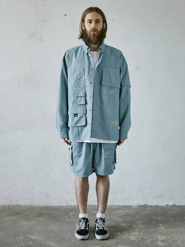 Cargo Pocket Work Oversized Fit Long Sleeve Shirt Grey Blue - AKAW - BALAAN 1