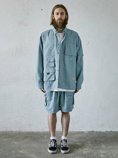 Cargo Pocket Work Oversized Fit Long Sleeve Shirt Grey Blue - AKAW - BALAAN 2