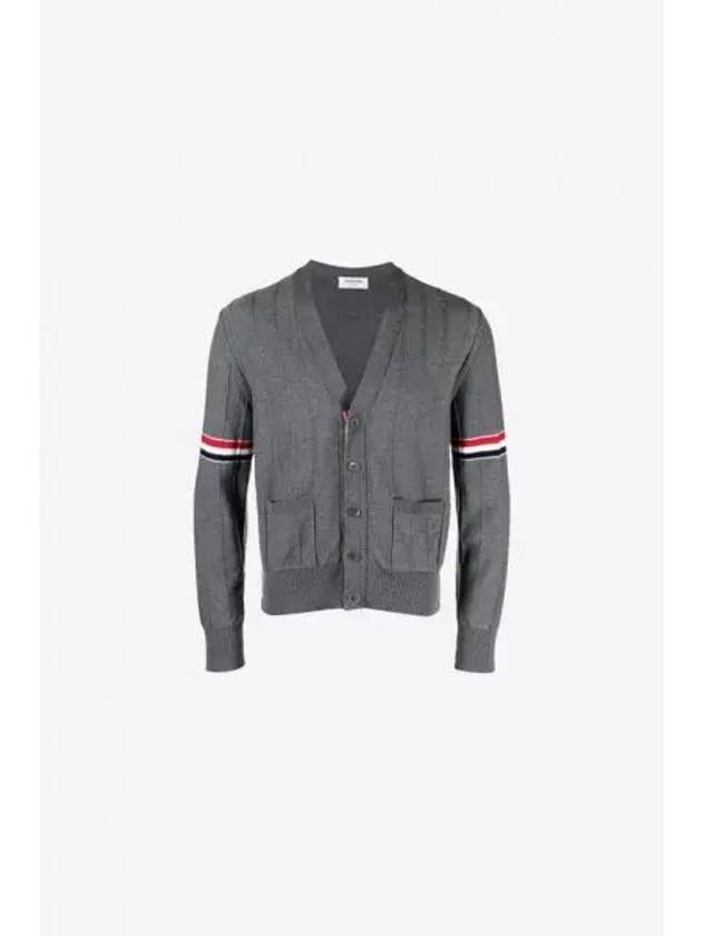 RWB V-neck Striped Virgin Wool Cardigan Grey - THOM BROWNE - BALAAN 2