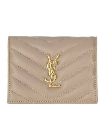 Casandra Matelasse Quilted Lambskin Flap Card Wallet Beige - SAINT LAURENT - BALAAN 1