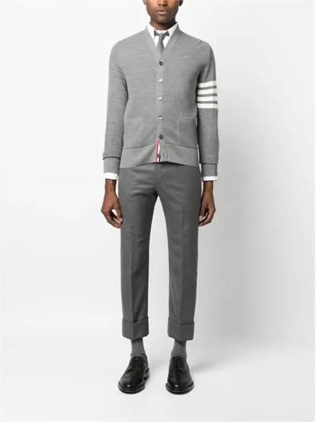 4-Bar Striped Waffle High V-Neck Cardigan Light Grey - THOM BROWNE - BALAAN 4