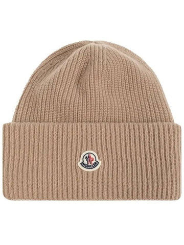 3B00048 M1241 513 Logo Patch Beige Wool Beanie - MONCLER - BALAAN 1